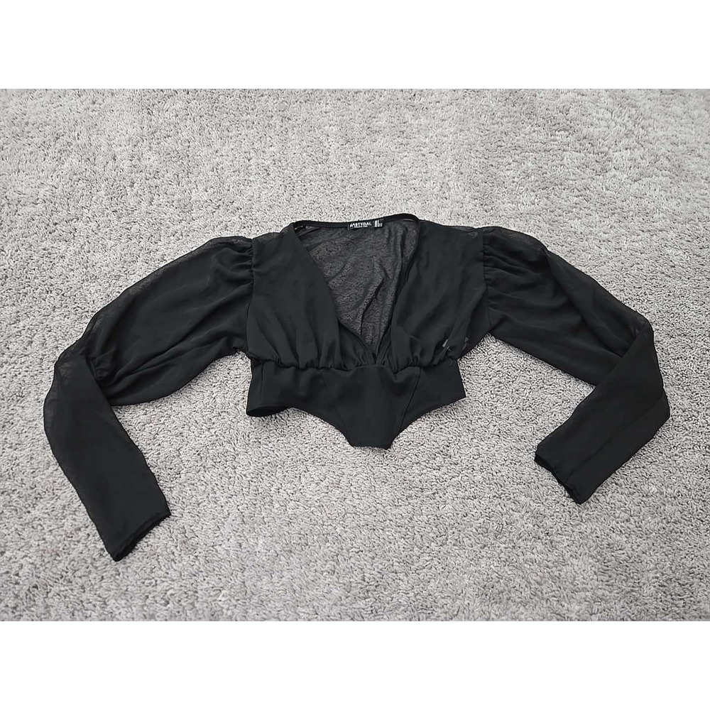 Nasty Gal Corset Crop Top Womens 2 Black V-Neck Sheer Puff Long Sleeve Night Out
